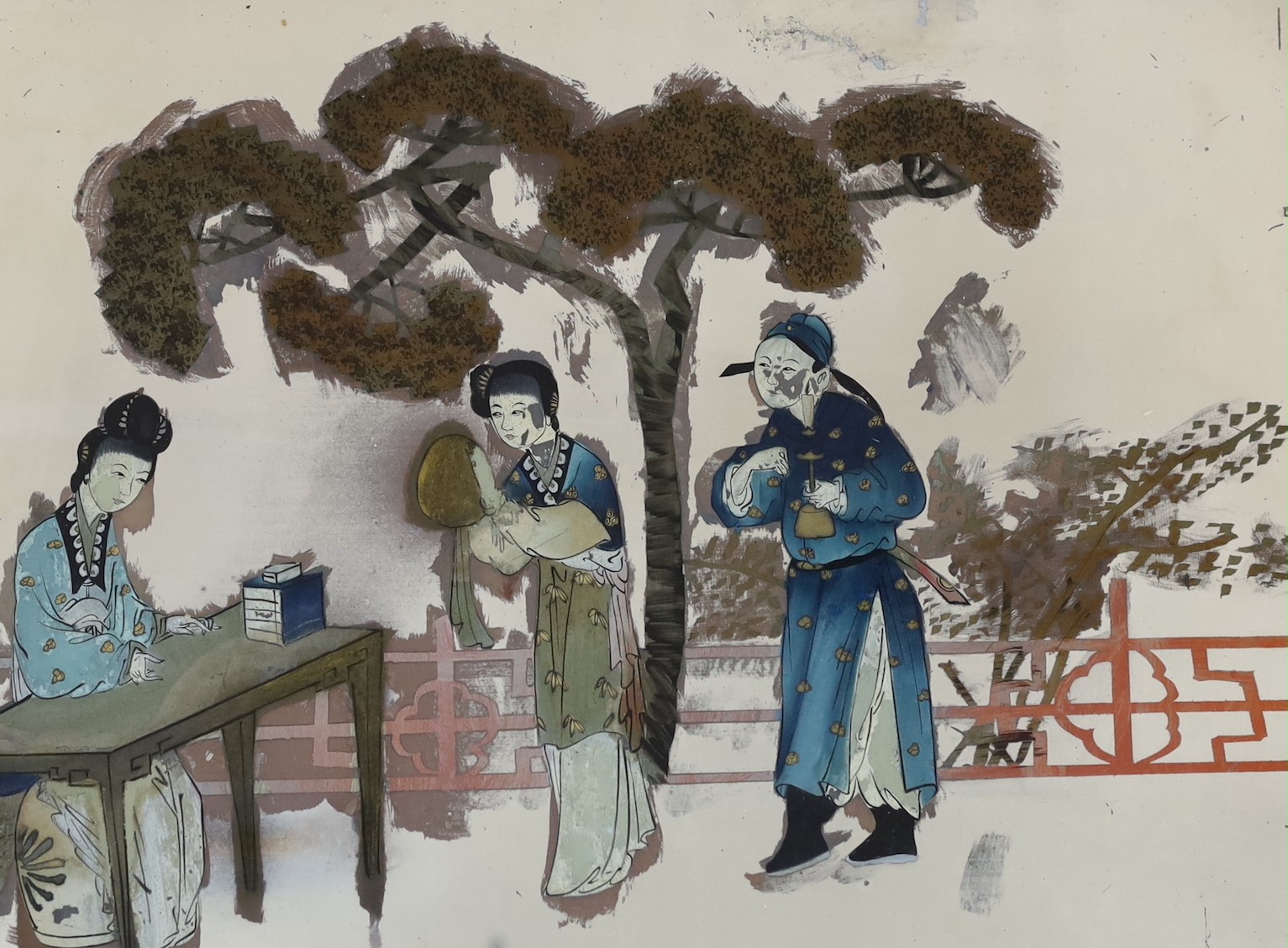 A 19th century Chinese reverse painted glass mirror, depicting a female scholar and figures in a garden, 38 x 59cm, in a period gilt frame